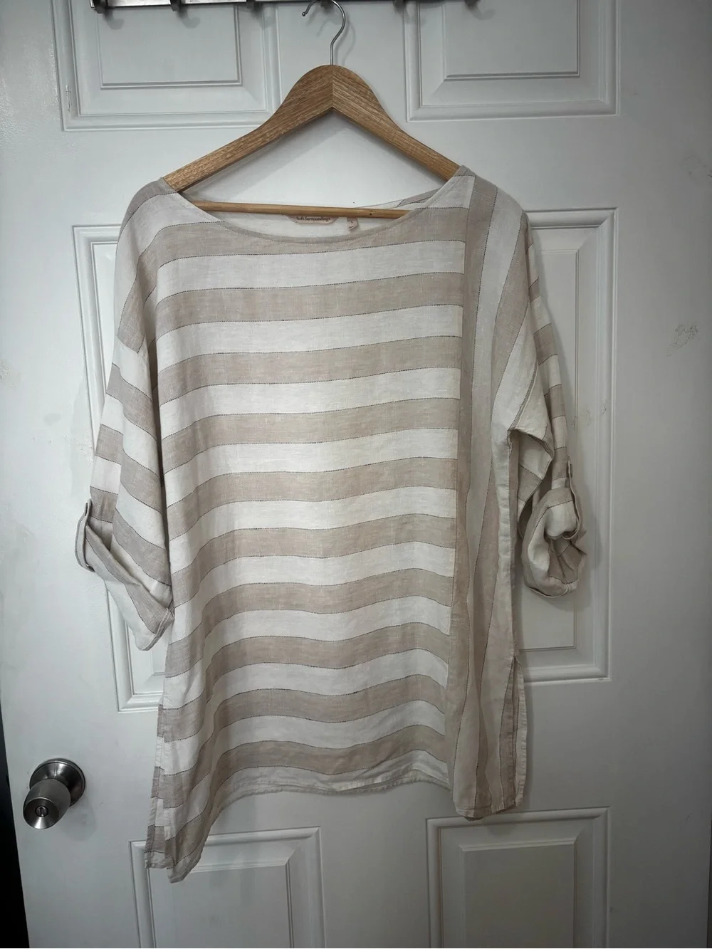 Soft surroundings linen tunic large cream oat striped oversized coastal beachy